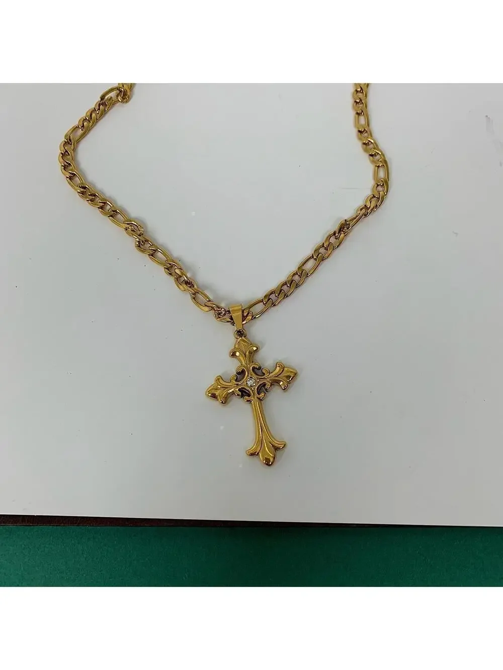 Y2k style Gold Figaro Big Gothic Rhinestone Cross Pendant Necklace. Stainless